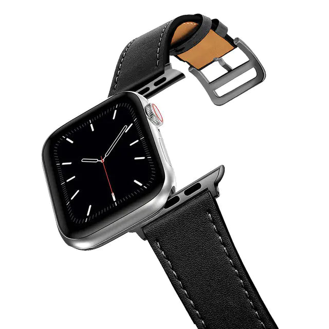 Smartwatch with black leather strap on a white background