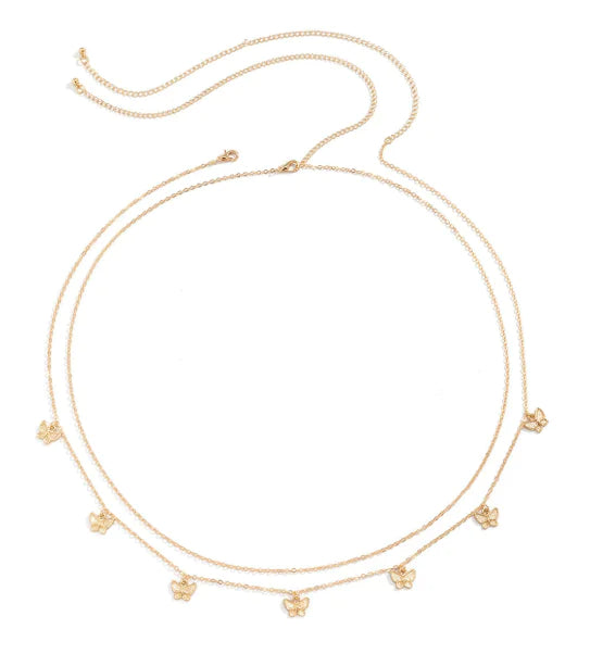 Gold necklace with small floral pendants on a white background