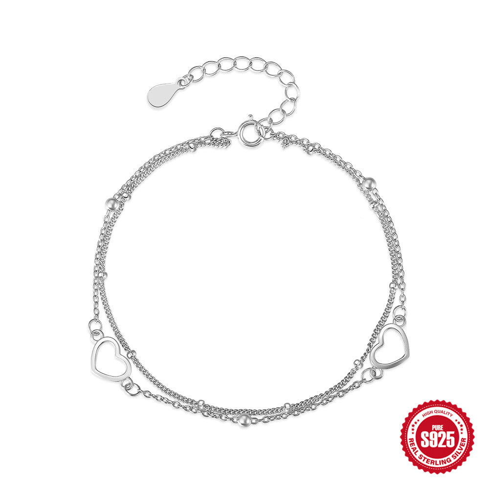 S925 Silver Double-Layer Heart Bracelet – Adjustable, Hypo-Allergenic