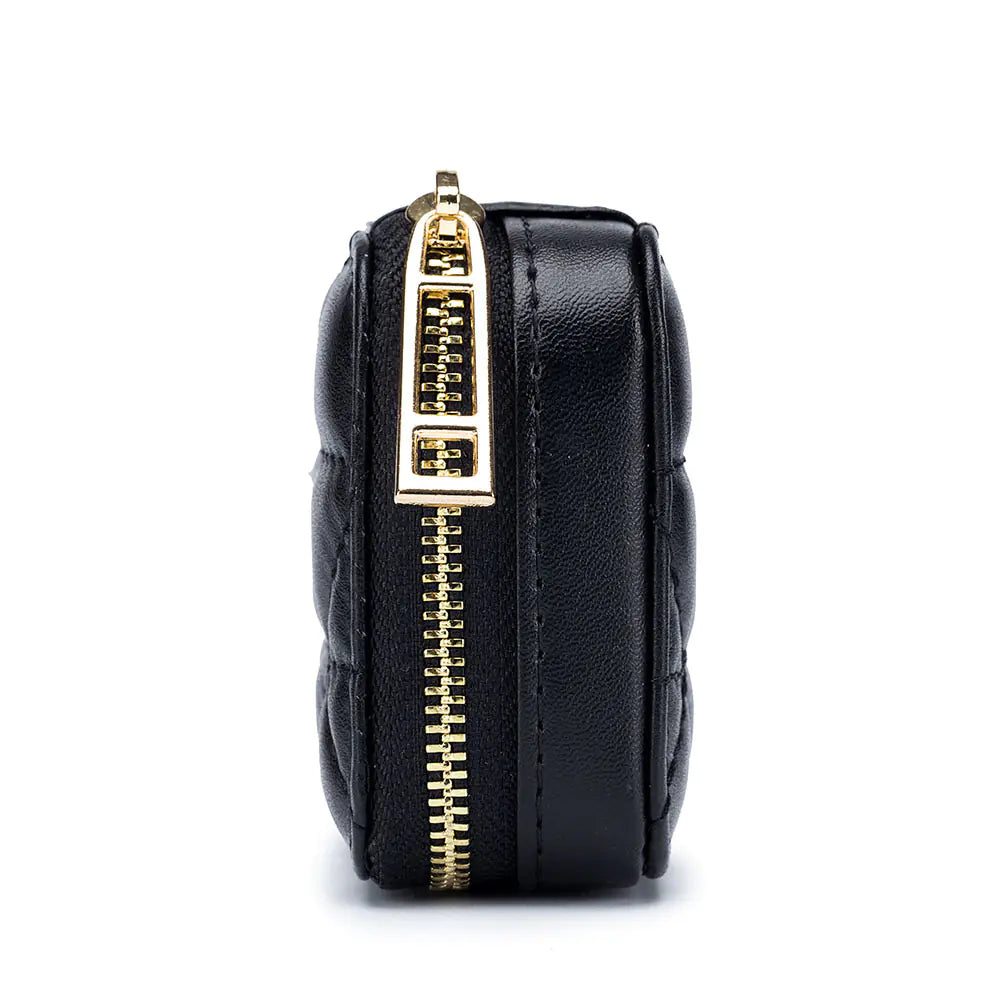 Black leather pouch with gold zipper on a white background