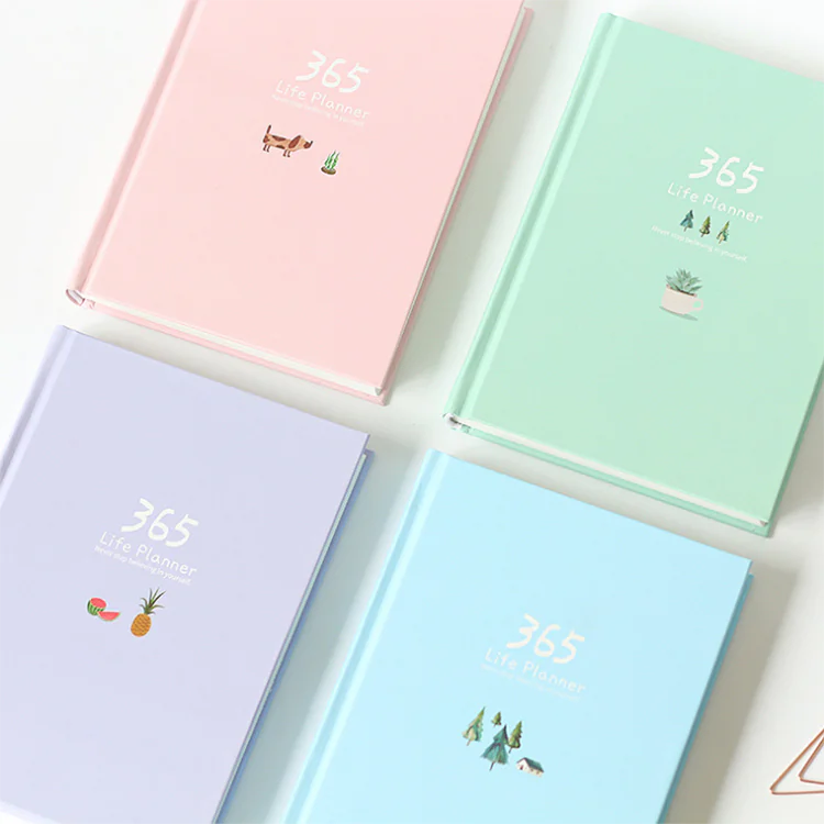 Five pastel-colored planners with '365' branding on a white background