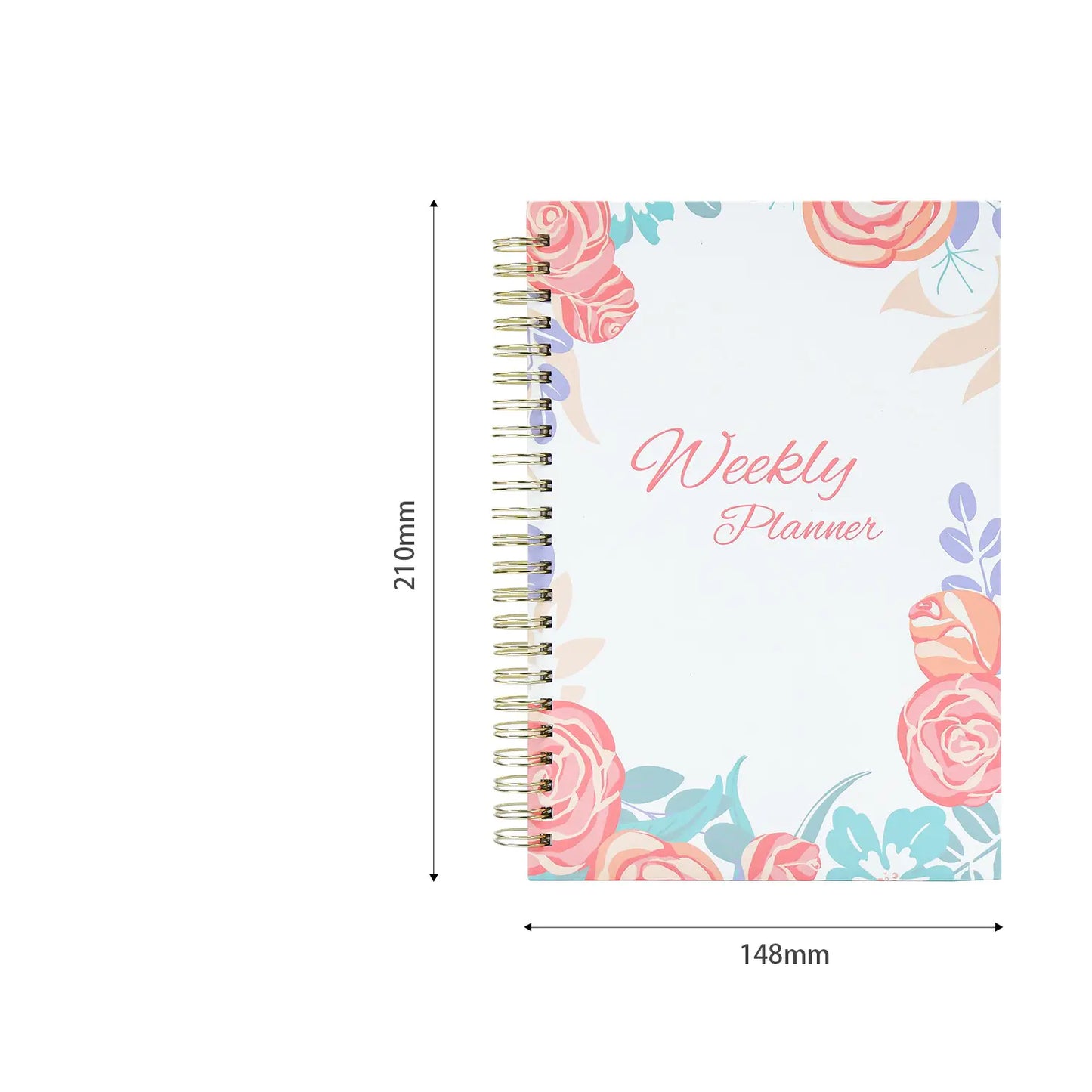Floral weekly planner with dimensions on a white background