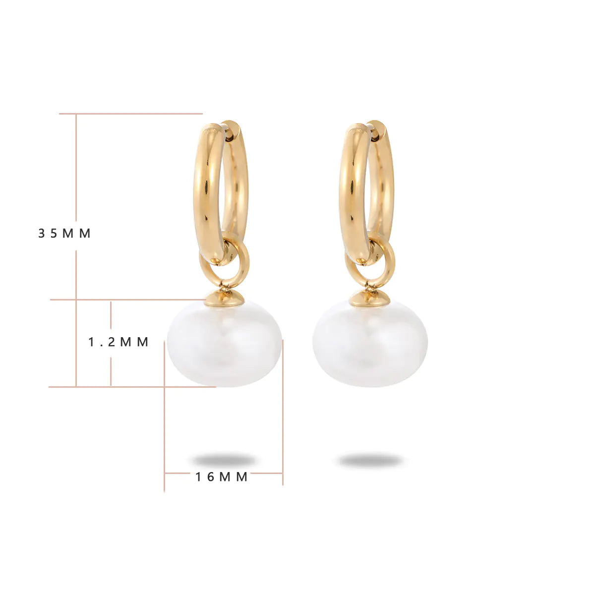 Gold hoop earrings with white stones and measurements on a white background
