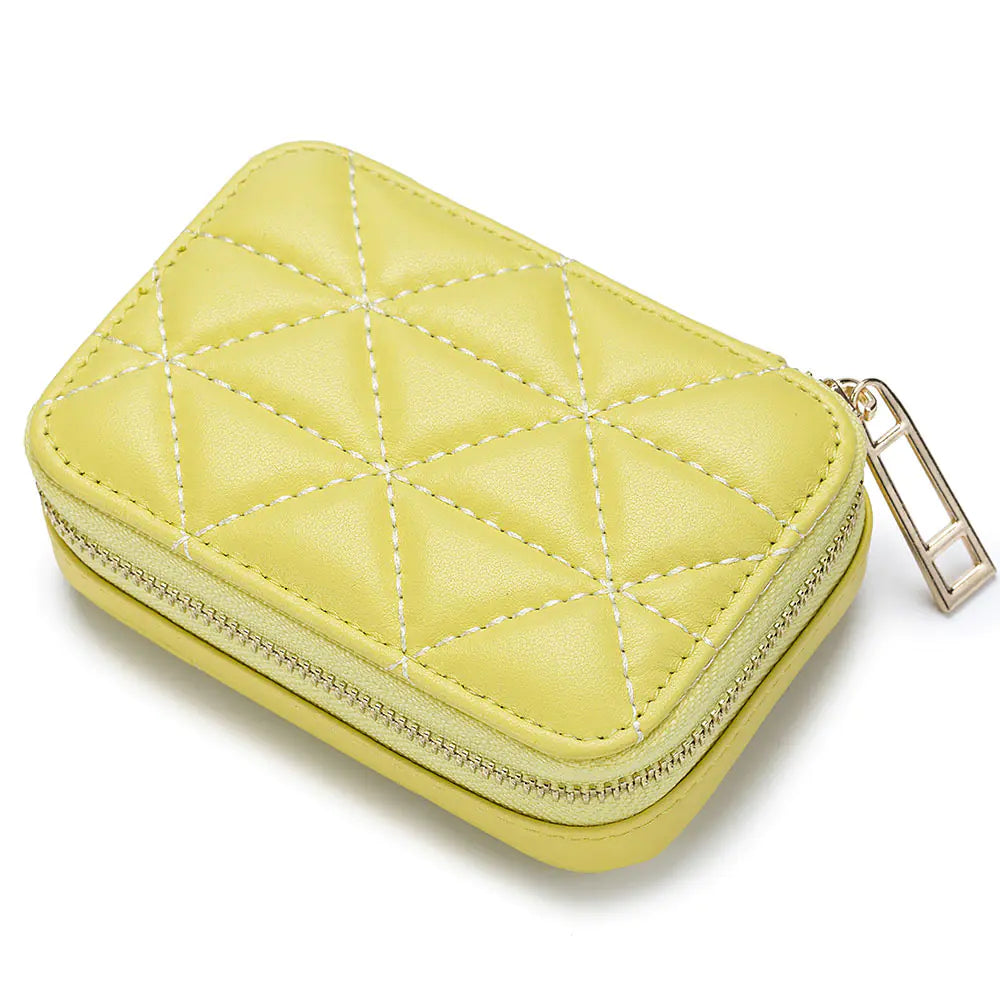 Yellow quilted wallet with a gold zipper on a white background