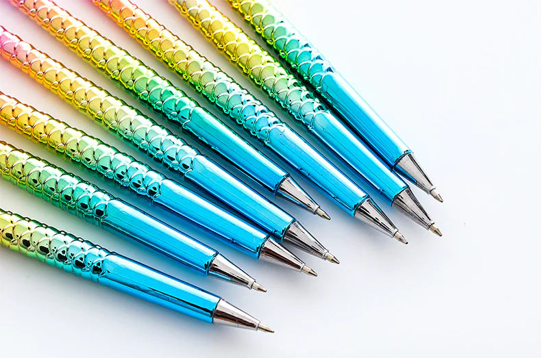Colorful pens with gradient designs on a white background