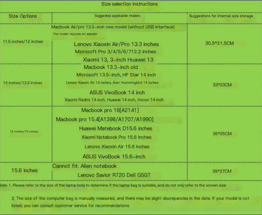 Table of size selection instructions for laptop bags on a green background