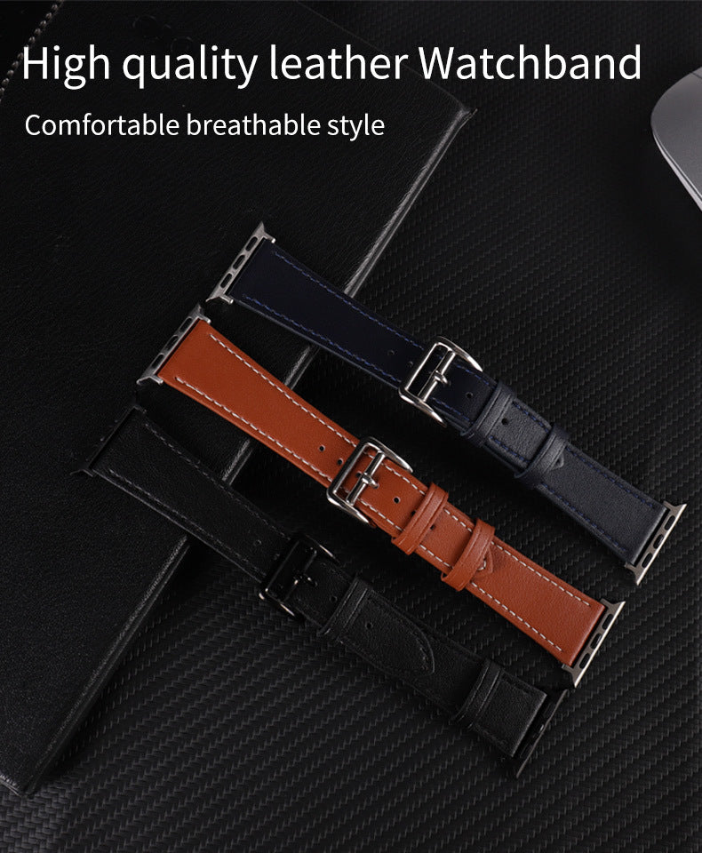 Two leather watchbands, one brown and one black, on a textured black surface with text 'High quality leather Watchband' and 'Comfortable breathable style'.