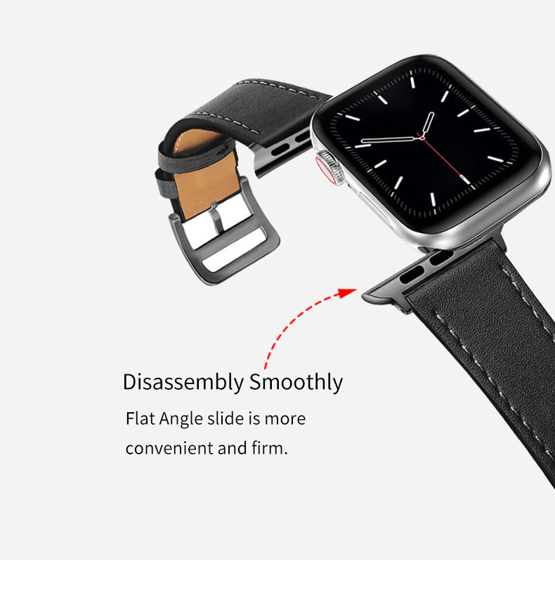 Smartwatch with a black leather strap being disassembled on a white background