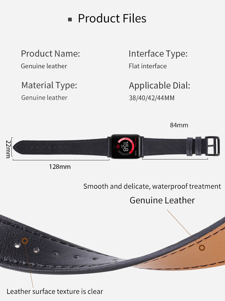 Product details of a genuine leather watch strap with specifications on a white background.