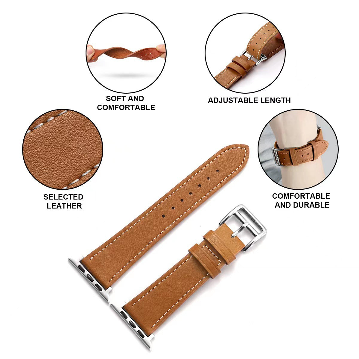 Brown leather watch strap with metal buckle, showcasing features like softness, adjustability, leather quality, and durability.