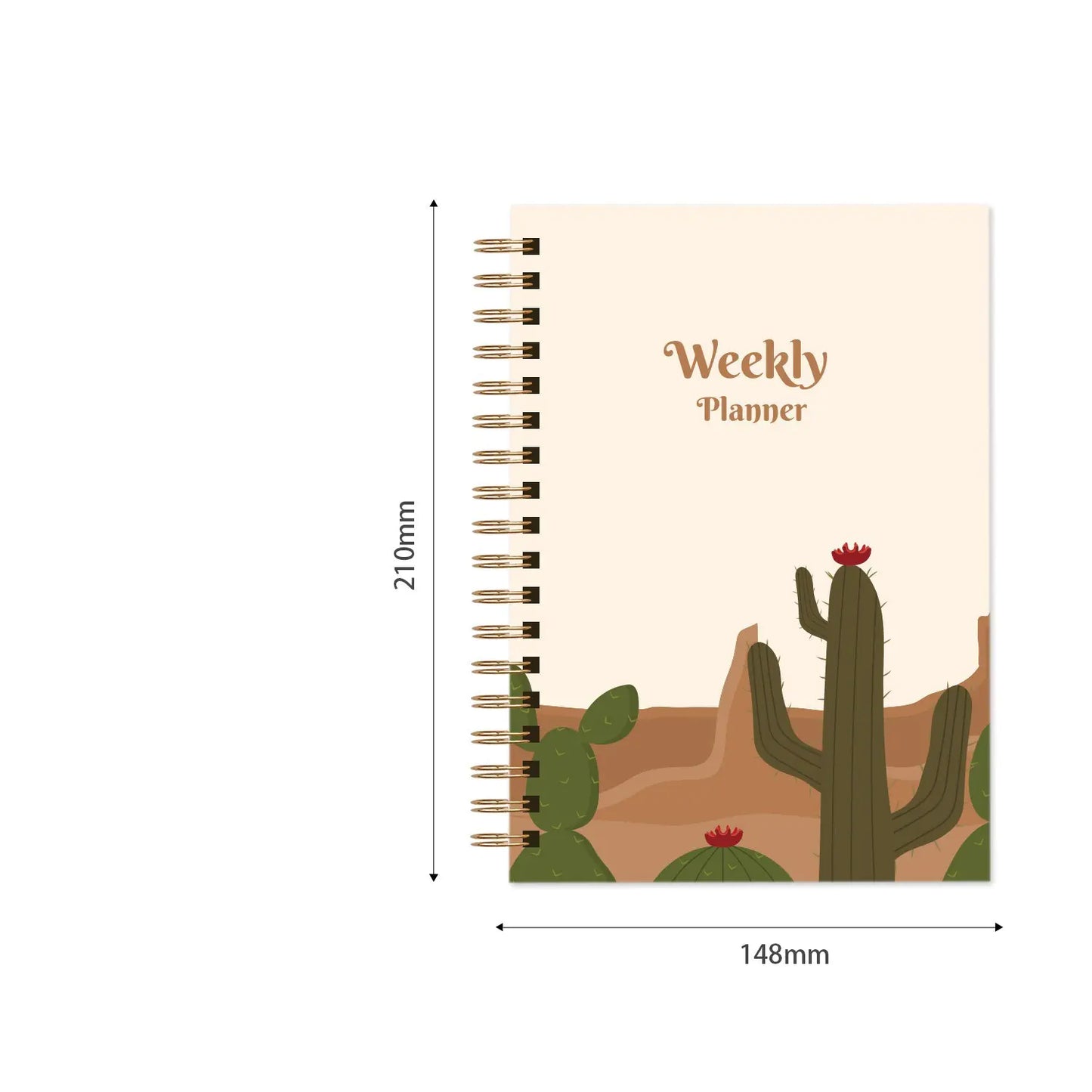 Weekly planner with cactus design and measurements on a white background