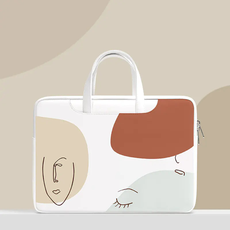 White tote bag with abstract face design on a beige background