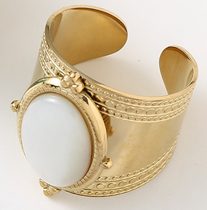 Gold-Plated Stainless-Steel Ring with Natural Stone Inlay – Adjustable Blue / White