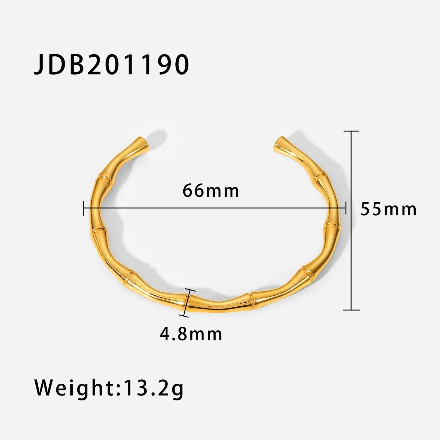 Gold bracelet with measurements and weight details on a white background