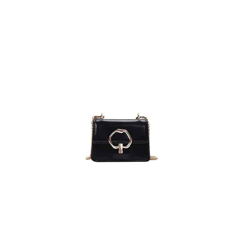 Black handbag with a gold clasp on a white background