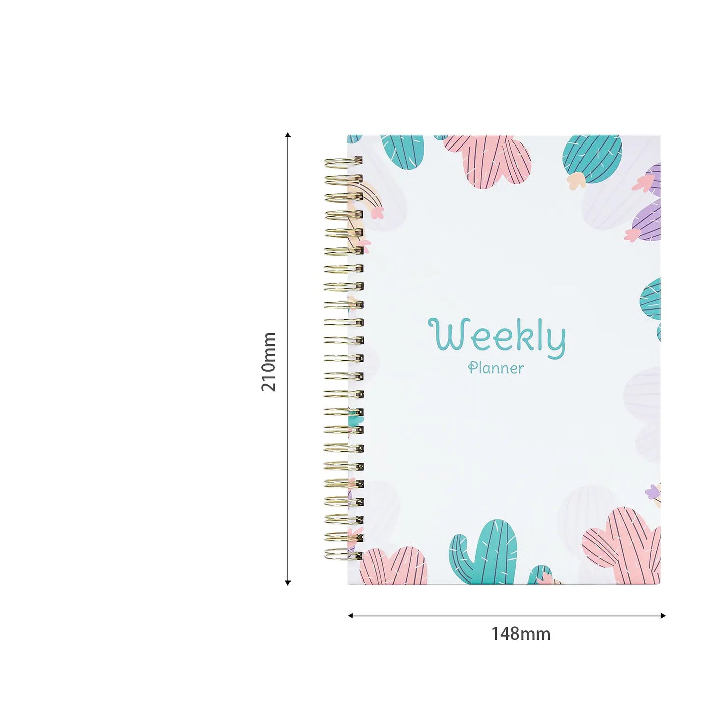 Weekly planner with cactus design and dimensions on a white background