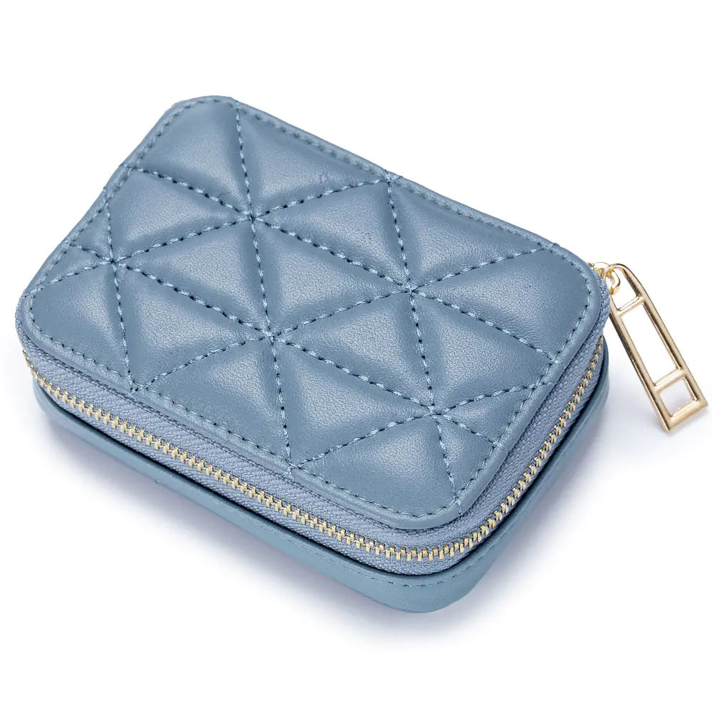 Blue quilted wallet with a gold zipper on a white background