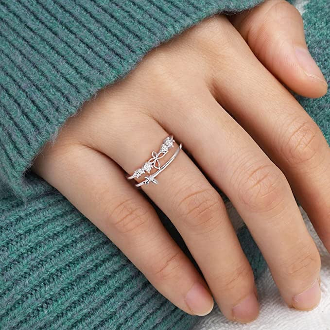Double-Layer Butterfly Ring Set – Silver-Tone Alloy, One Size Adjustable