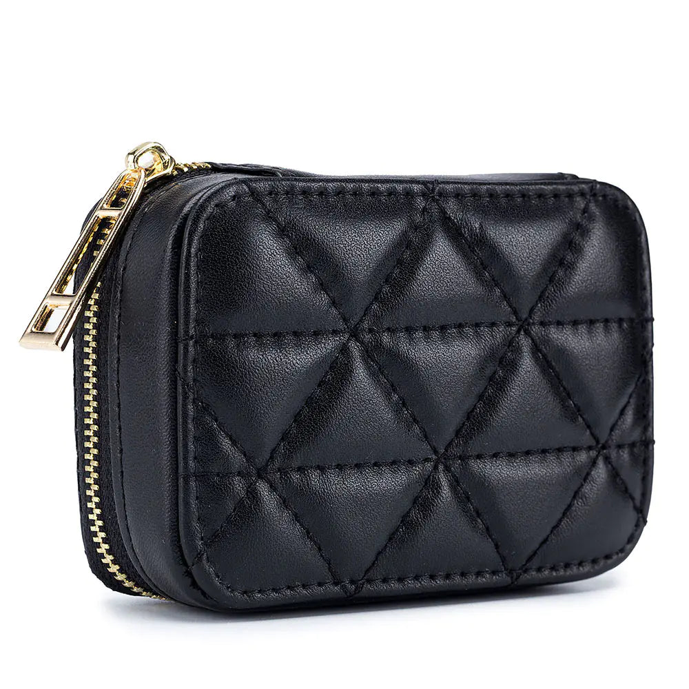 Black quilted wallet with gold zipper on a white background