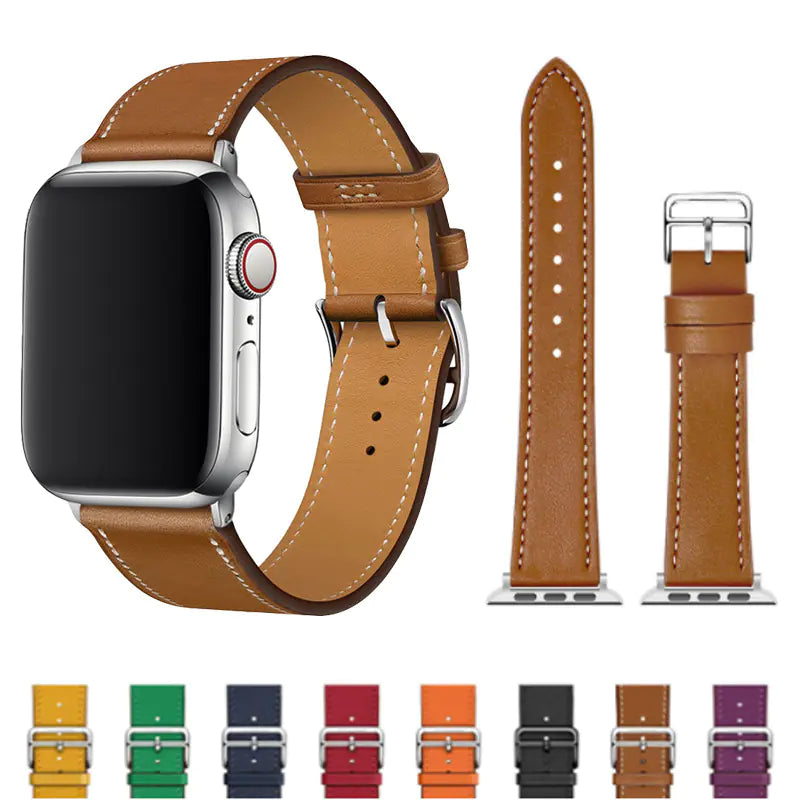 Brown leather watch strap with Apple Watch on a white background, showing strap from different angles.