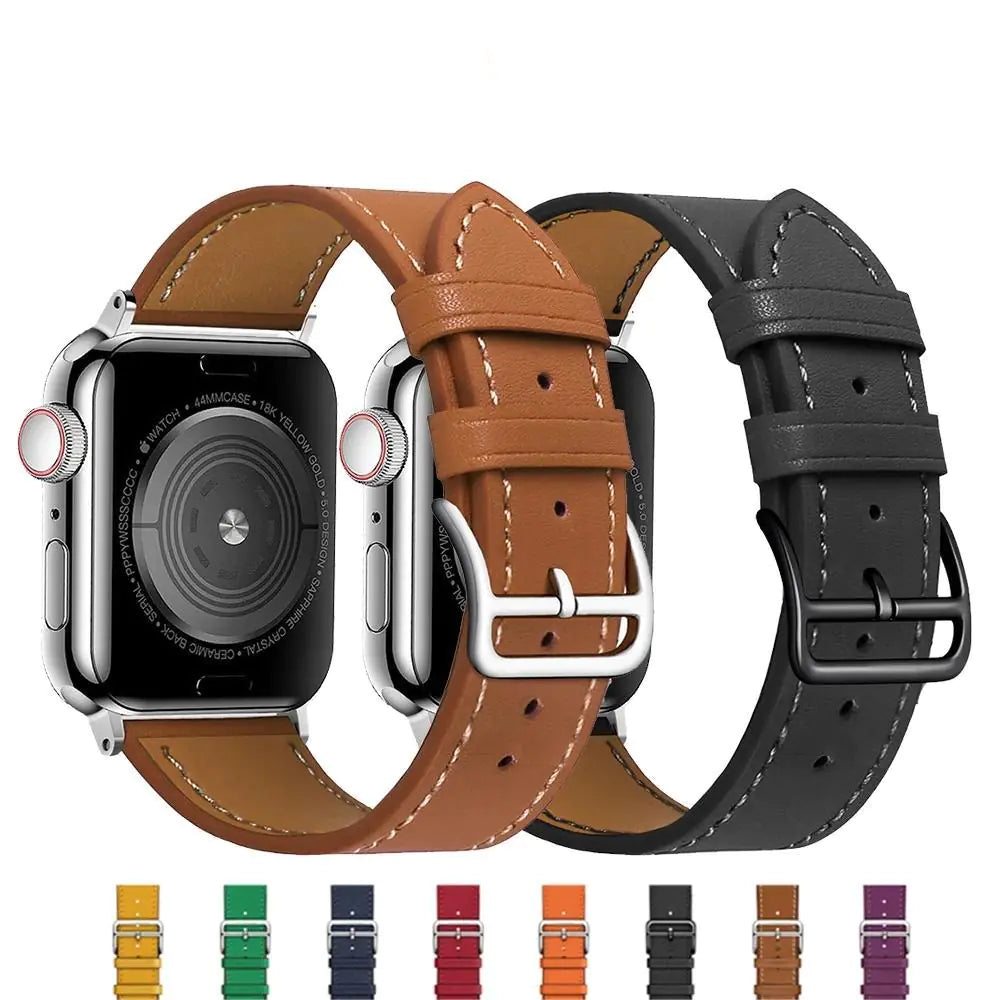 Two Apple Watch straps, one brown and one black, on a white background with additional strap colors displayed below.
