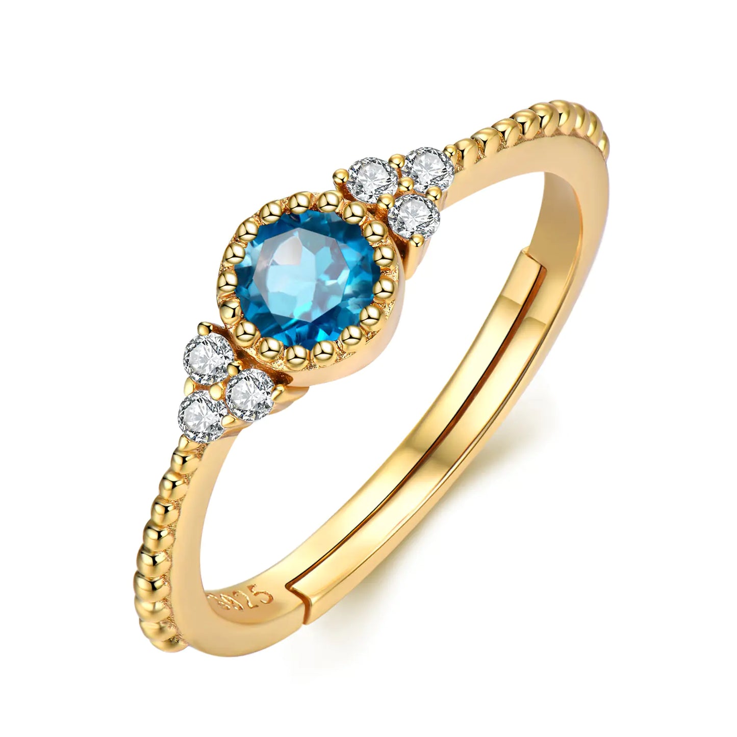 Gold-tone sterling-silver flower ring with blue-colour stone displayed on white background