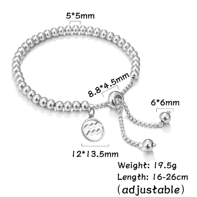 Silver bracelet with measurements on a white background