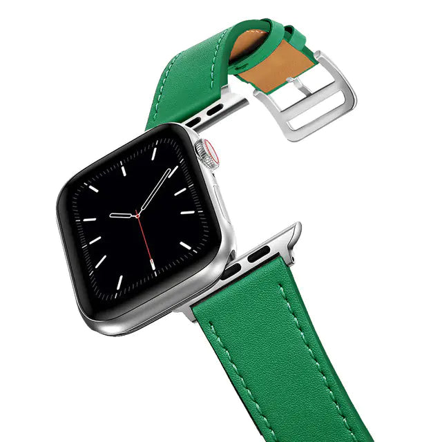 Smartwatch with green leather strap on a white background