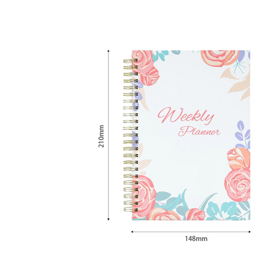 Floral weekly planner with dimensions on a white background