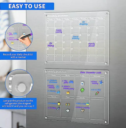 Clear magnetic planner board on a refrigerator with daily checklist and weekly planner sections.