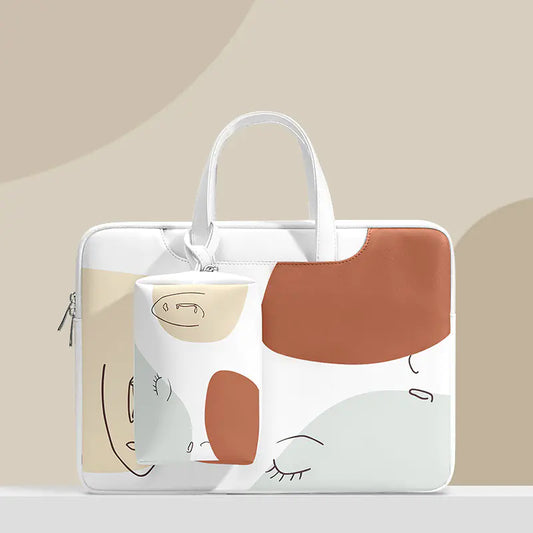 Clear pouch with cartoon designs on a beige background