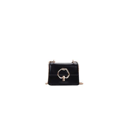 Black handbag with a gold clasp on a white background