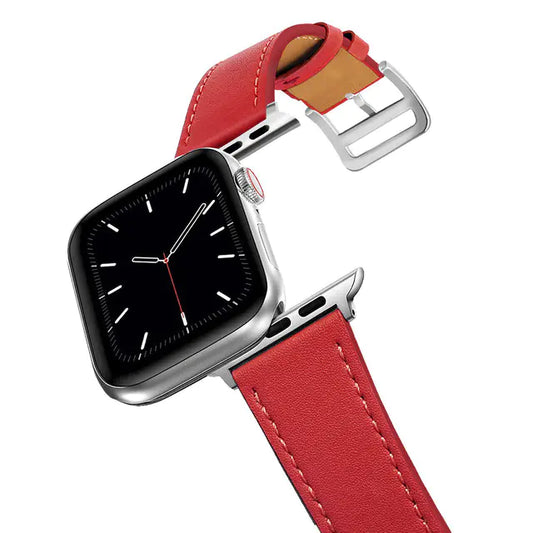 Smartwatch with a red leather strap on a white background