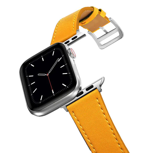 Smartwatch with a yellow leather strap on a white background