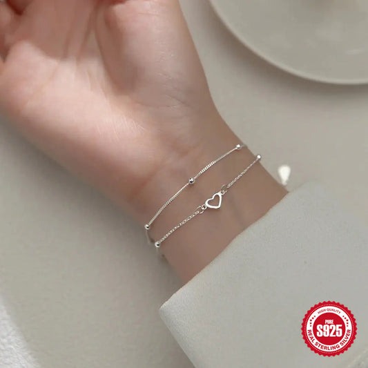 S925 Silver Double-Layer Heart Bracelet – Adjustable, Hypo-Allergenic